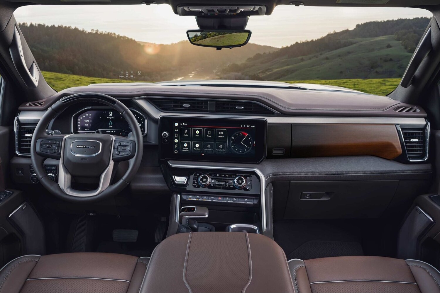 Interior view of the front cabin inside the 2023 GMC Sierra 1500 Denali