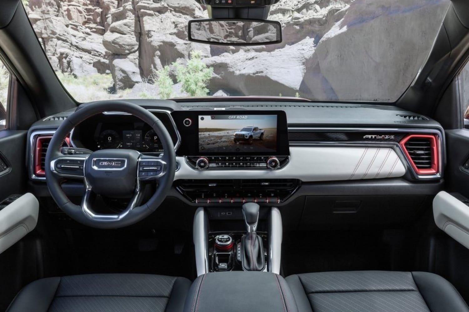 Image of the entire front dashboard inside the 2023 GMC Canyon AT4X interior cabin
