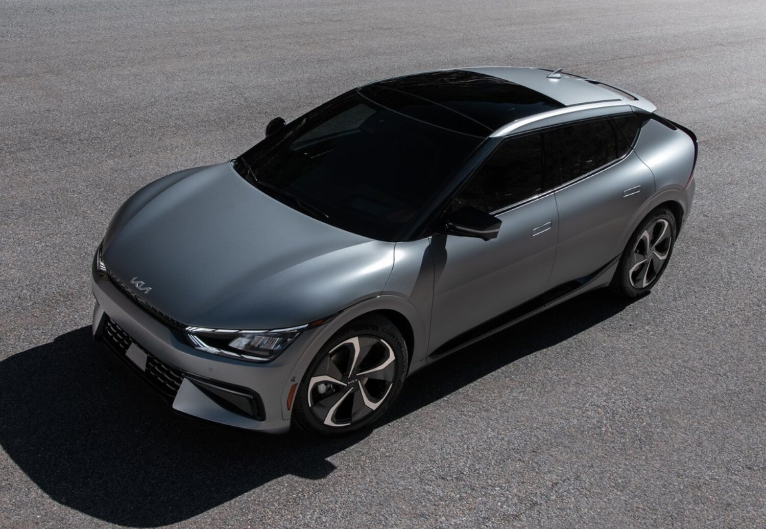 Front aerial exterior view of the 2023 Kia EV6
