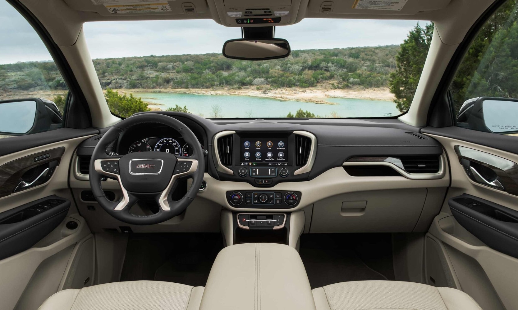Front interior cabin and dashboard inside the 2023 GMC Terrain Denali