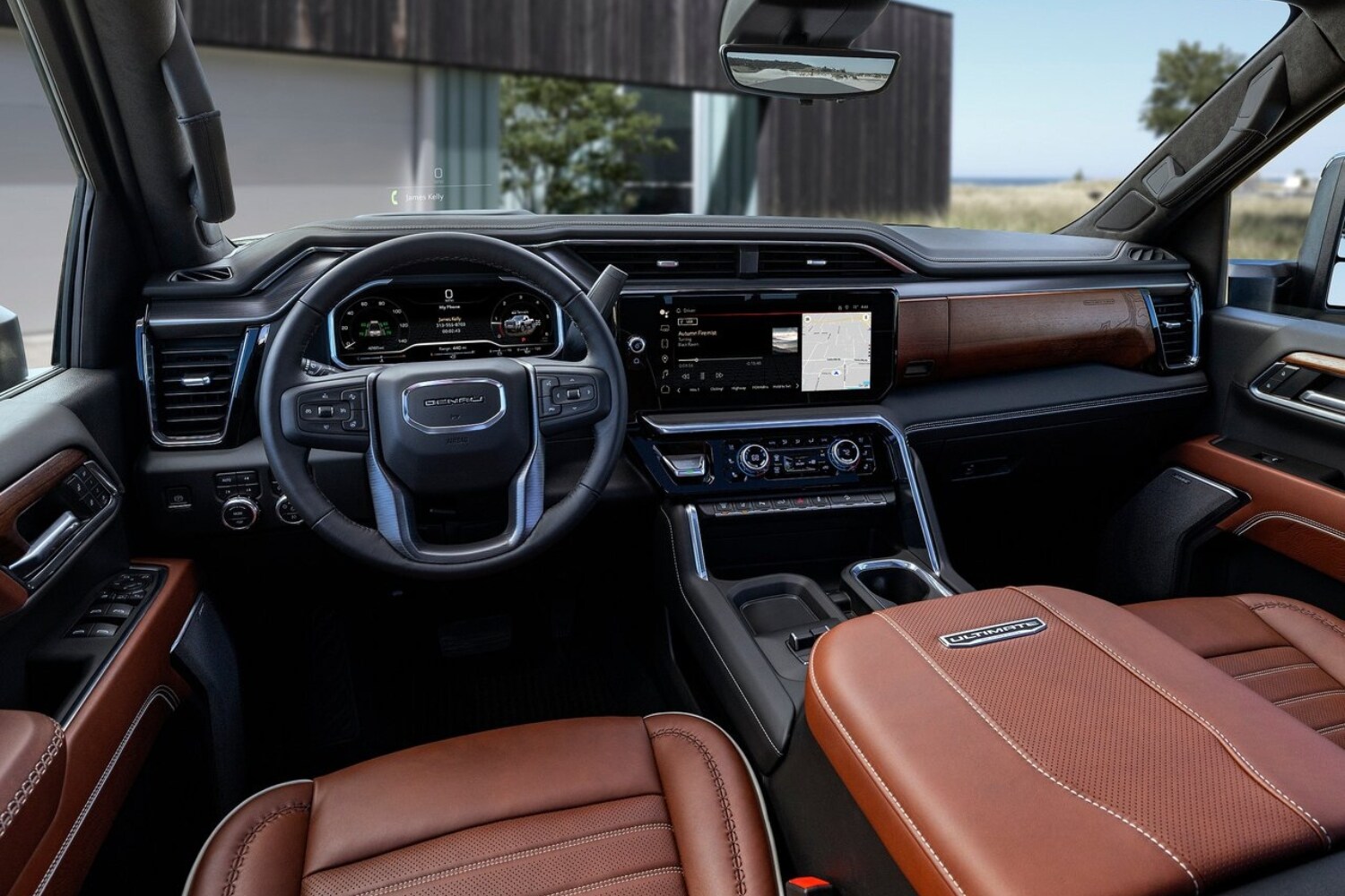 New 2024 GMC Sierra HD Interior Comparison - Octane GMC of Santa Fe.jpg Front dashboard view inside the 2024 GMC Sierra 2500 HD Denali Ultimate truck from the driver seat