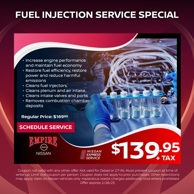 Get our fuel injection service for $139.95 plus tax. Regular price $169.95 plus tax. Offer expires 2/28/2023.