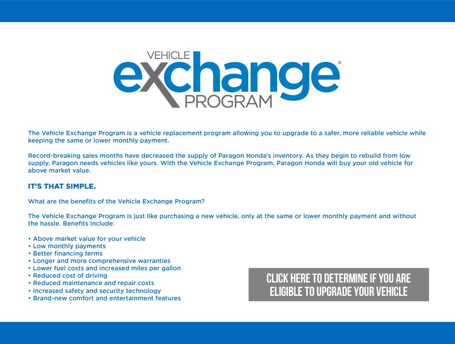 Paragon honda vehicle exchange program #3