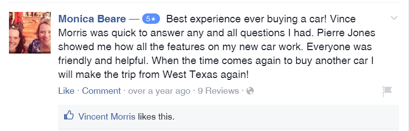 Vincent Morris - 5-Star Review from Monica Beare on Facebook - Park Cities Ford of Dallas