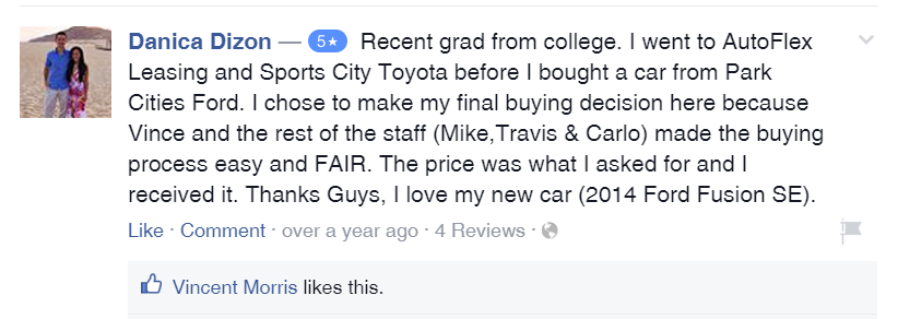 Vincent Morris - 5-Star Review from Danica Dizon on Facebook - Park Cities Ford of Dallas.png