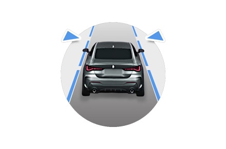 Illustration of BMW Lane Departure Warning in action, showing a vehicle safely centered in its lane with visual indicators on the dashboard alerting the driver to unintentional lane drift.