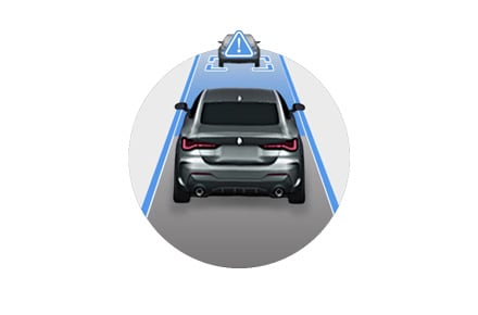 Visualization of BMW Frontal Collision Warning, displaying a vehicle detecting an obstacle ahead with alert symbols on the dashboard, showcasing its proactive safety system designed to prevent collisions