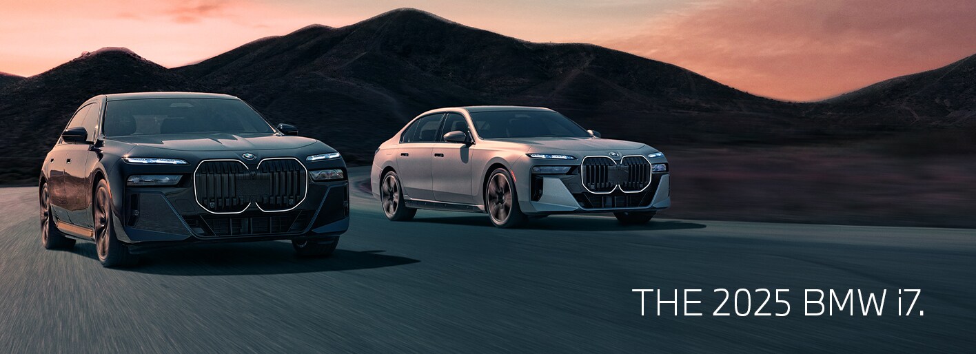 A sleek and sophisticated 2025 BMW i7 showcased in a striking model page banner, highlighting its luxurious design, advanced technology, and all-electric performance.