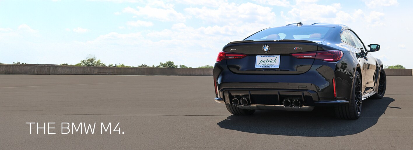 2026 BMW M4 Coupe banner image at Patrick BMW Schaumburg, highlighting the luxury sports car's powerful design, performance, and premium driving experience.