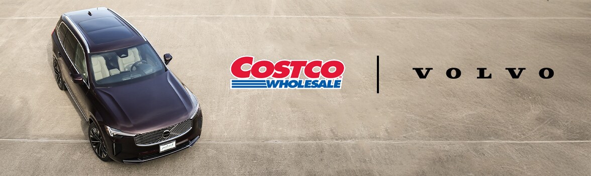 Promotional image for the Volvo Costco Program featuring a new Volvo SUV parked in front of a Costco warehouse, highlighting exclusive member savings and limited-time offers.