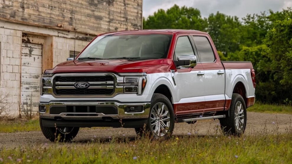 A red and white two-toned 2027 Ford F-150 pickup truck