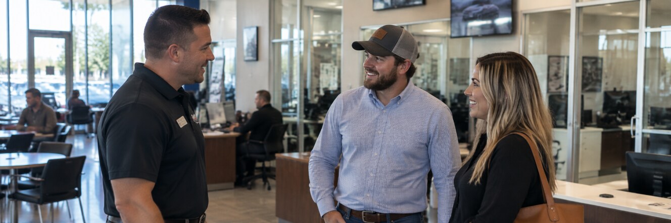 Pecheles Automotive Group sales team speaking with job candidates inside a North Carolina dealership.