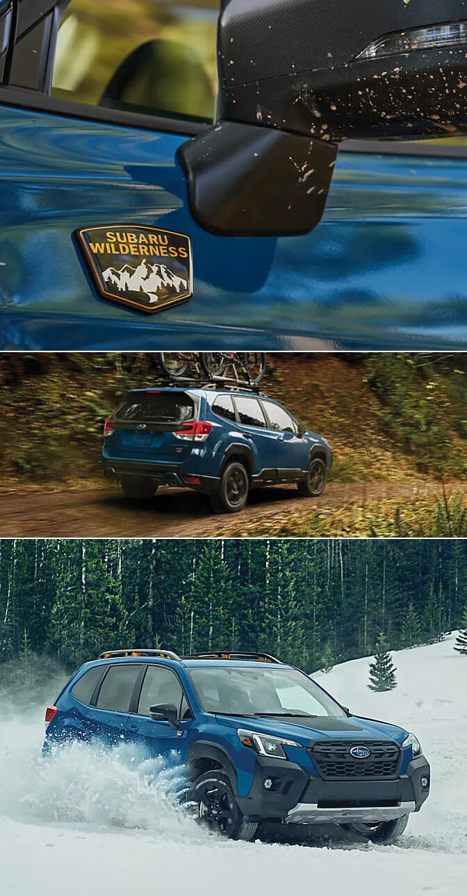 Blue Subaru Crosstrek Wilderness driving off-road and in snow