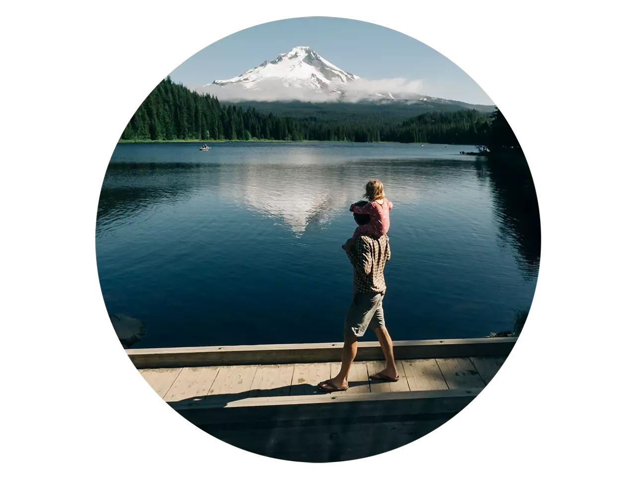 Ford Fathom Family walking on a dock with a mountain background.