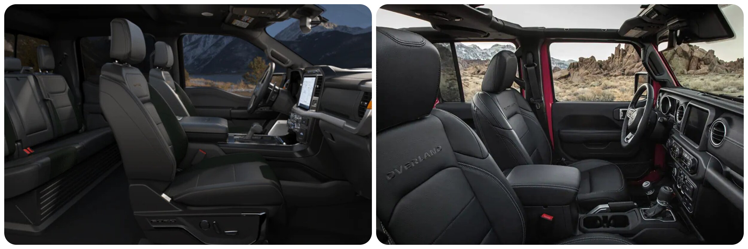 2023-Ford-raptor-vs-jeep-wrangler-4.jpg A view of the cab and seating in both the 2023 Ford F-150 Raptor on the left and the 2023 Jeep Gladiator on the right