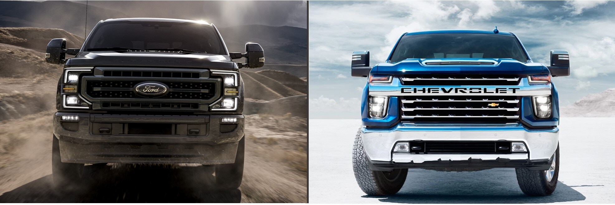 2020-ford-f-250-vs-2020-chevy-silverado-2500-phil-long-ford-chapel-hills-colorado-springs-co.jpg A 2020 F-150 alongside a 2020 Silverado 2500
