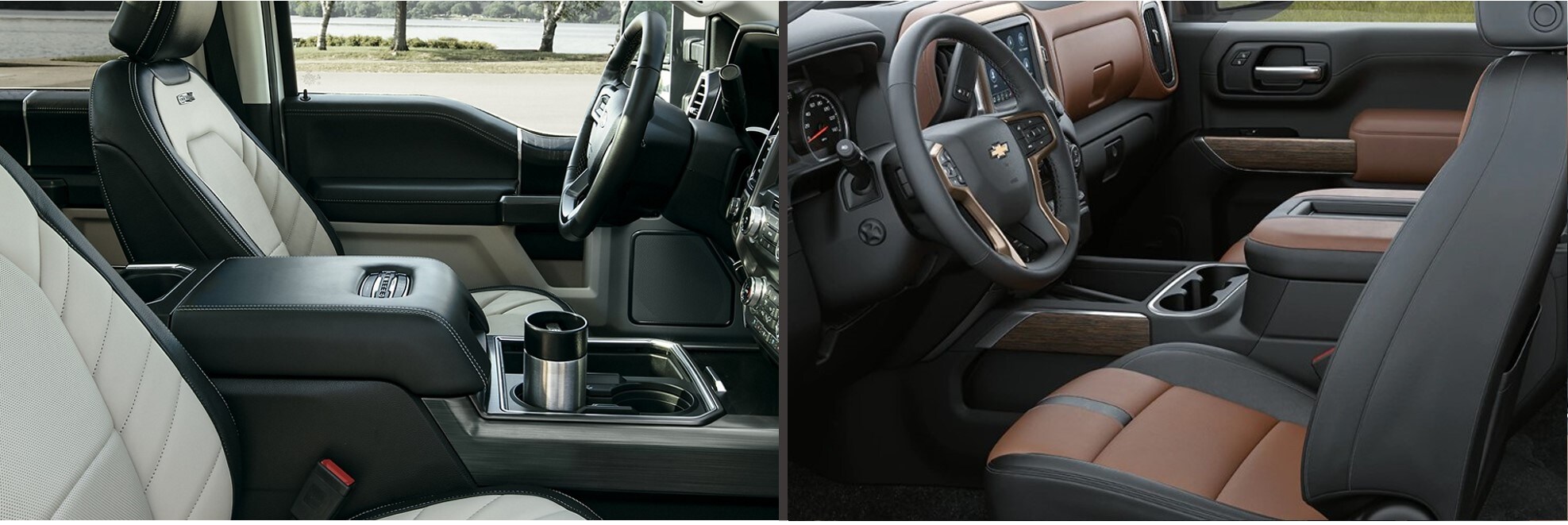 2020-ford-f-250-vs-2020-chevy-silverado-2500-interior-seating-phil-long-ford-chapel-hills-colorado-springs-co.jpg the interior seating and dashboard of a 2020 f-150 side by side to a Silverado 2500