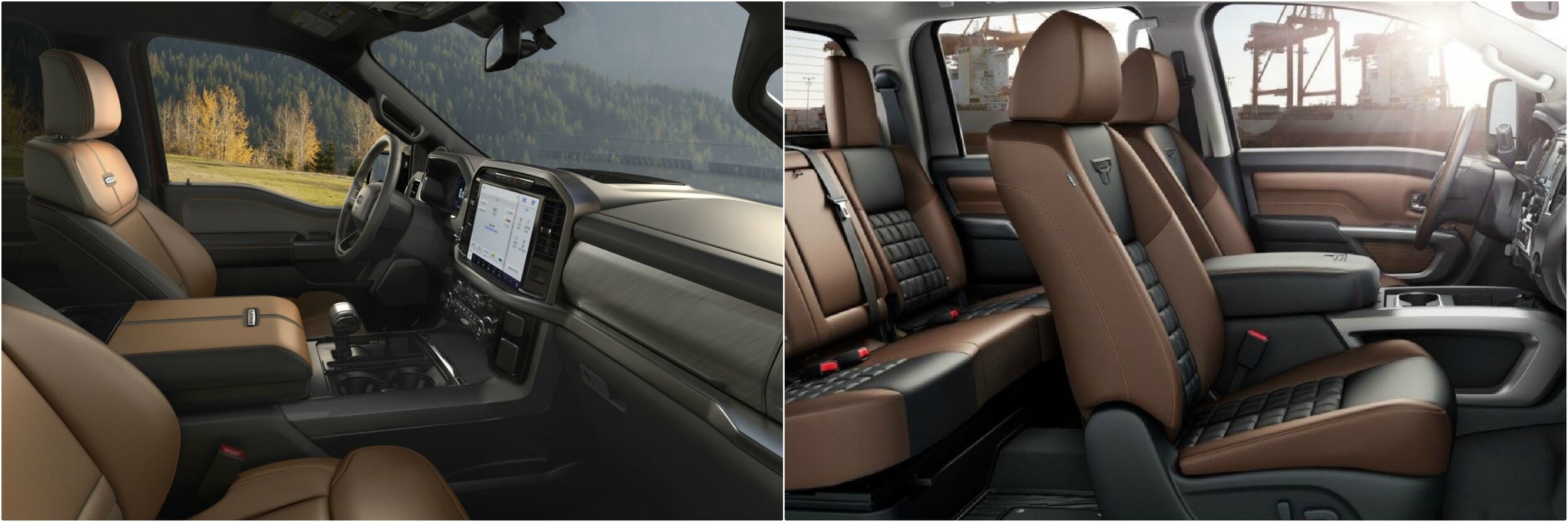 2021-ford-f150-vs-2021-nissan-titan-interior.jpg Interior seating comparison between a 2021 Ford F-150 and a Nissan Titan