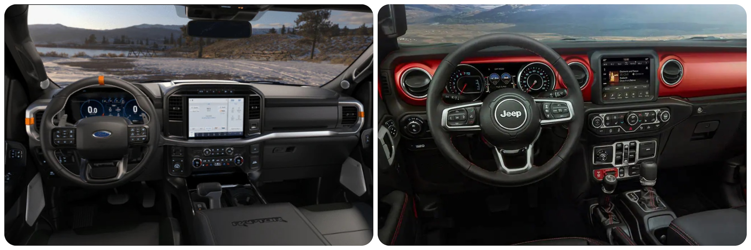 2023-Ford-raptor-vs-jeep-wrangler-3.jpg A view of the dash and infotainment system of the 2023 Ford F-150 Raptor on the left and the 2023 Jeep Gladiator on the right