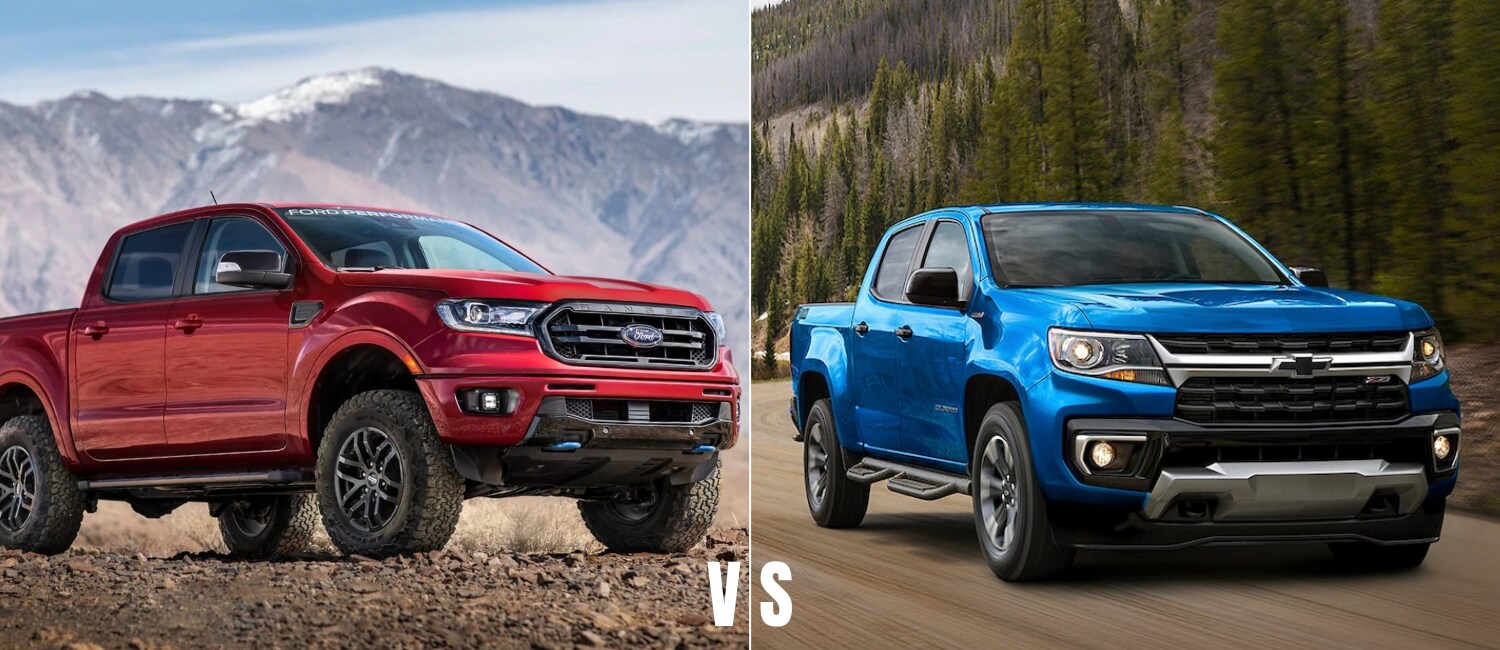 2021 Ford Ranger vs. 2021 Chevrolet Colorado Exterior Comparison.png Exterior comparison of a red 2021 Ford Ranger next to a blue 2021 Chevy Colorado