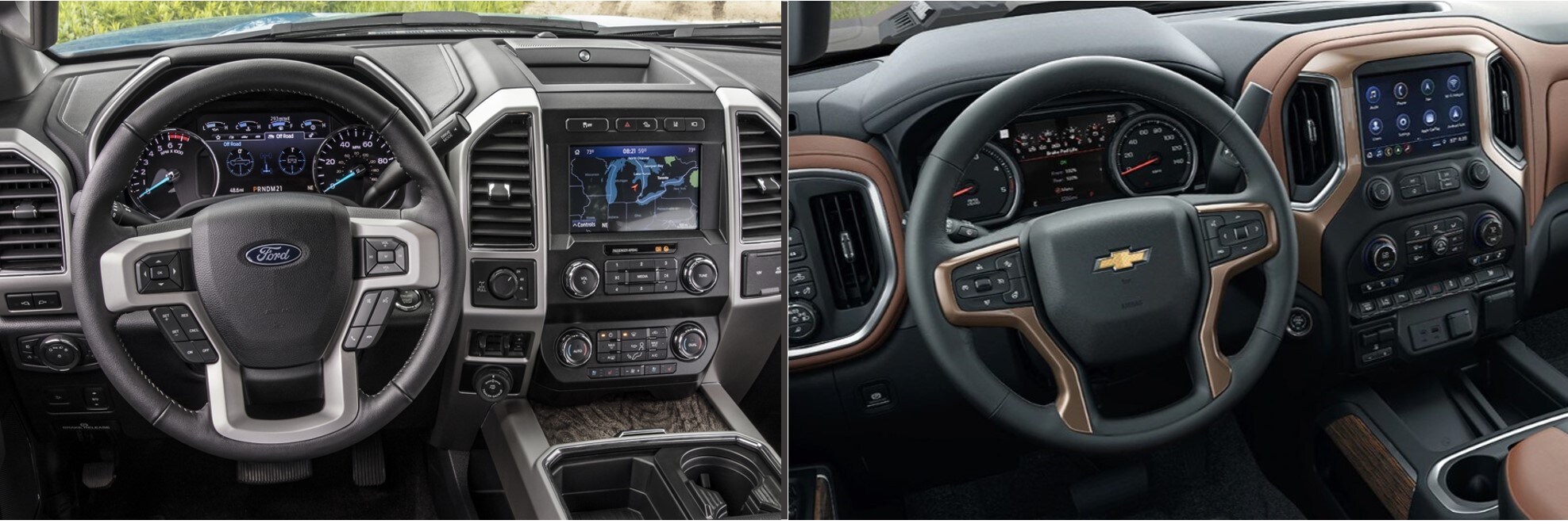 2020-ford-f-250-vs-2020-chevy-silverado-2500-dashboard-interior-phil-long-ford-chapel-hills-colorado-springs-co.jpg the interior dashboard of a 2020 Ford F-150 compared to a 2020 Chevy Silverado 2500