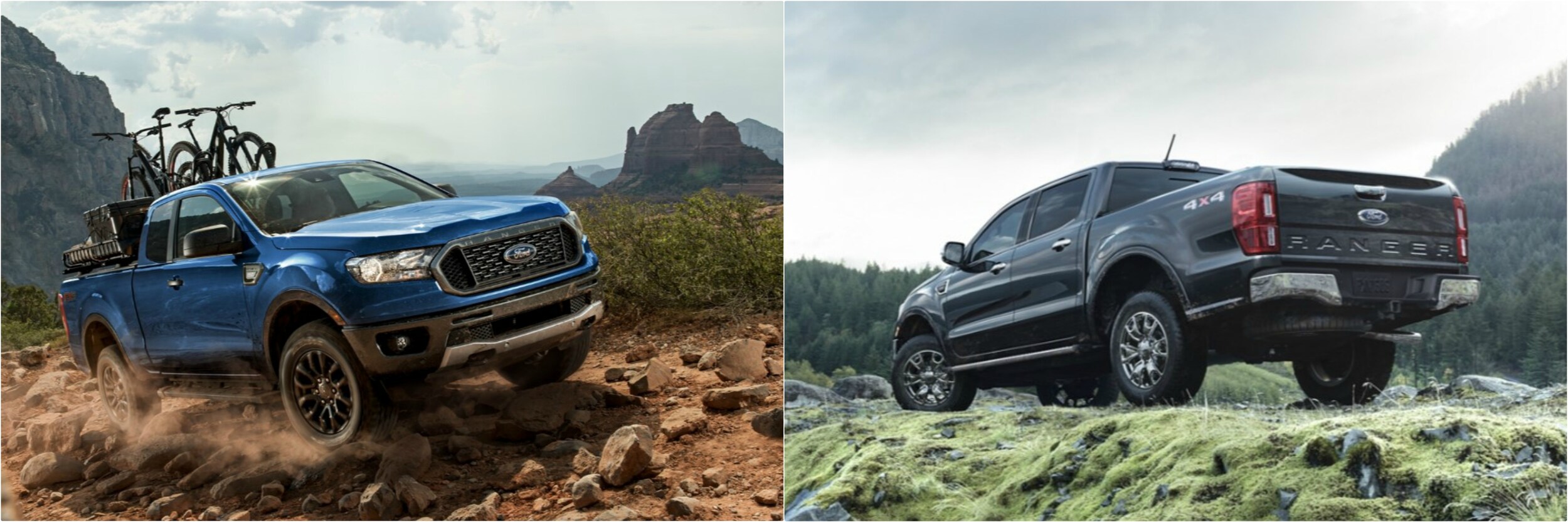 2021-vs-2020-ford-ranger-exterior-bumper-2.jpg a 2021 Ford Ranger hauling bicycles up a red rock road next to a 2020 Ford Ranger parked on a green mossy dirt road