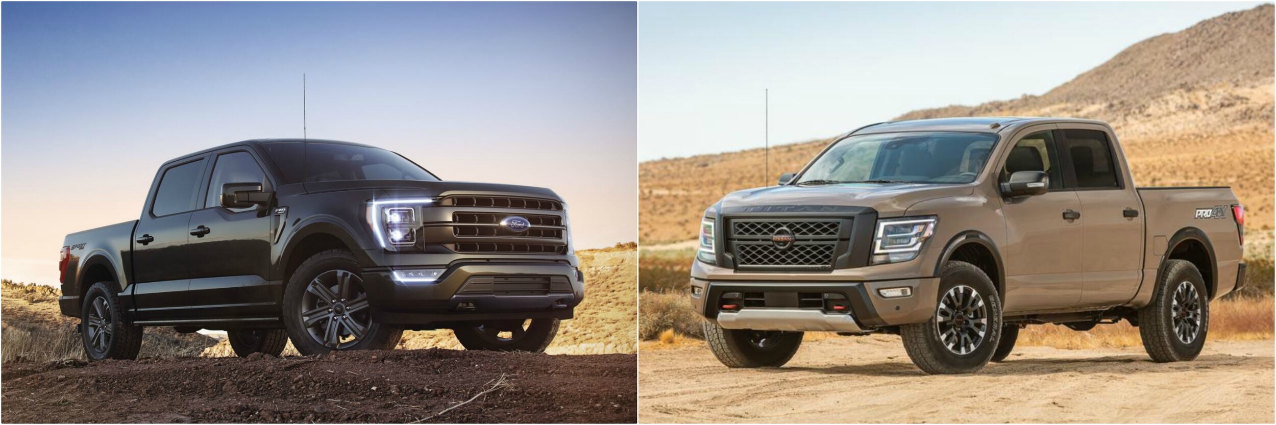 2021-ford-f150-vs-2021-nissan-titan.jpg A new 2021 F-150 compared to a 2021 Nissan Titan