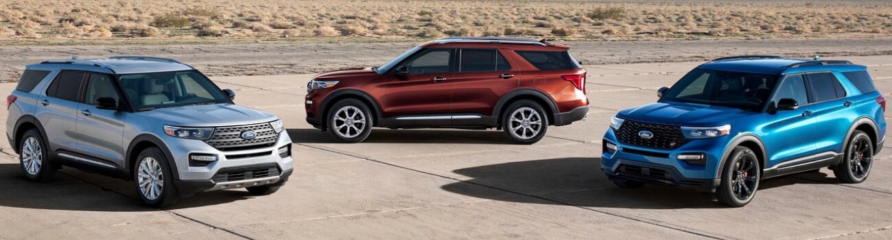 2020 Ford Explorer models in Colorado Springs Phil Long Ford Chapel Hills.png Aerial view of a 3 SUV fleet of the new 2020 Ford Explorer models in Colorado Springs