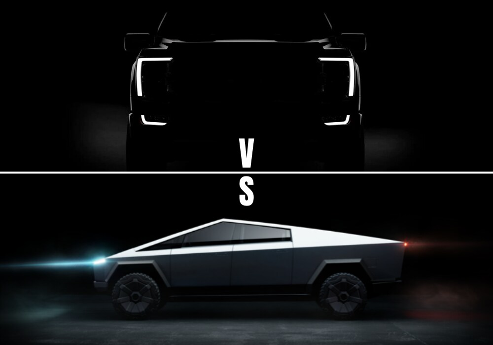 2021 Ford F-150 vs. Tesla Cybertruck Comparison.png 2021 Ford F-150 dark, teaser image compared to the Tesla Cybertruck teaser hero image