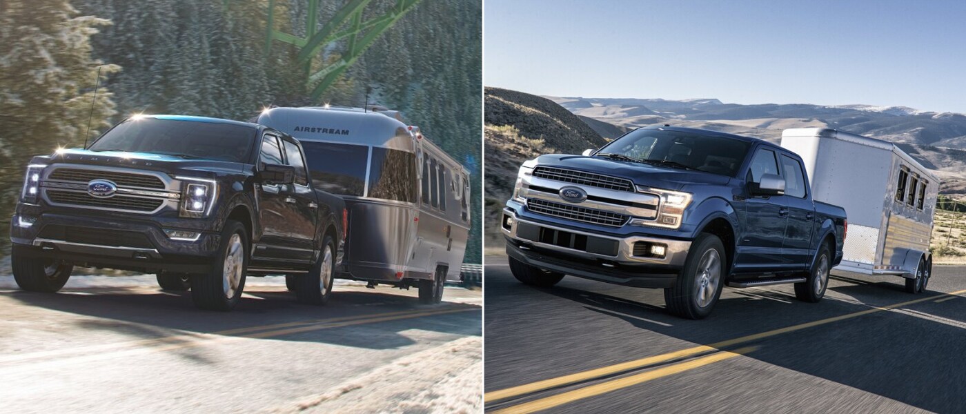 2021 Ford F-150 vs. 2020 Ford F-150.png Black 2021 Ford F-150 Limited trim pulling a large mobile trailer compared to a blue 2020 Ford F-150 pulling a horse trailer