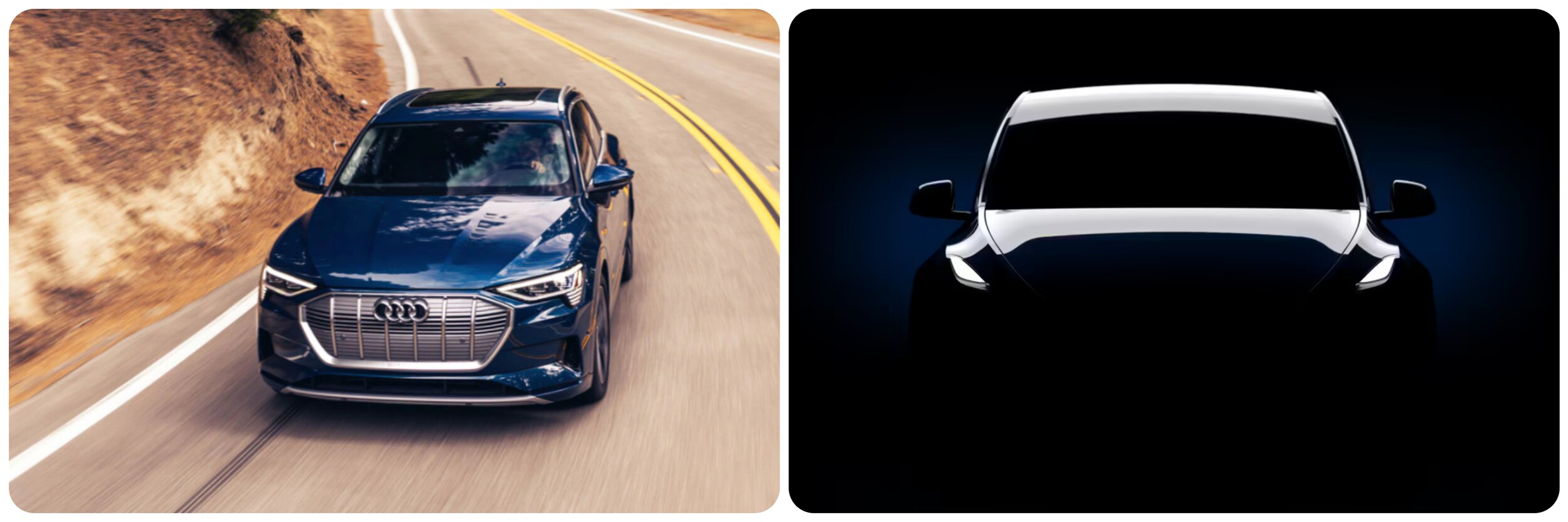 Audi-e-tron-vs-tesla-y-Front.jpg On the left is an ocean blue metallic 2022 Audi e-tron front view highlighting the chrome grill as it coasts down a curved mountain road. On the right, a front view of the profile of the 2022 Tesla Model Y backlit in blue light highlighting the lines of the car in a mostly shadowed room