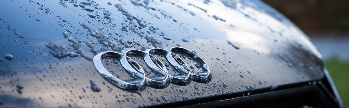 used audi cars and used audi suvs in Colorado Springs.png A zoomed in look at the hood of a dark grey used Audi car with raindrops and an icy mix rolling down the hood showing the prominent Audi logo