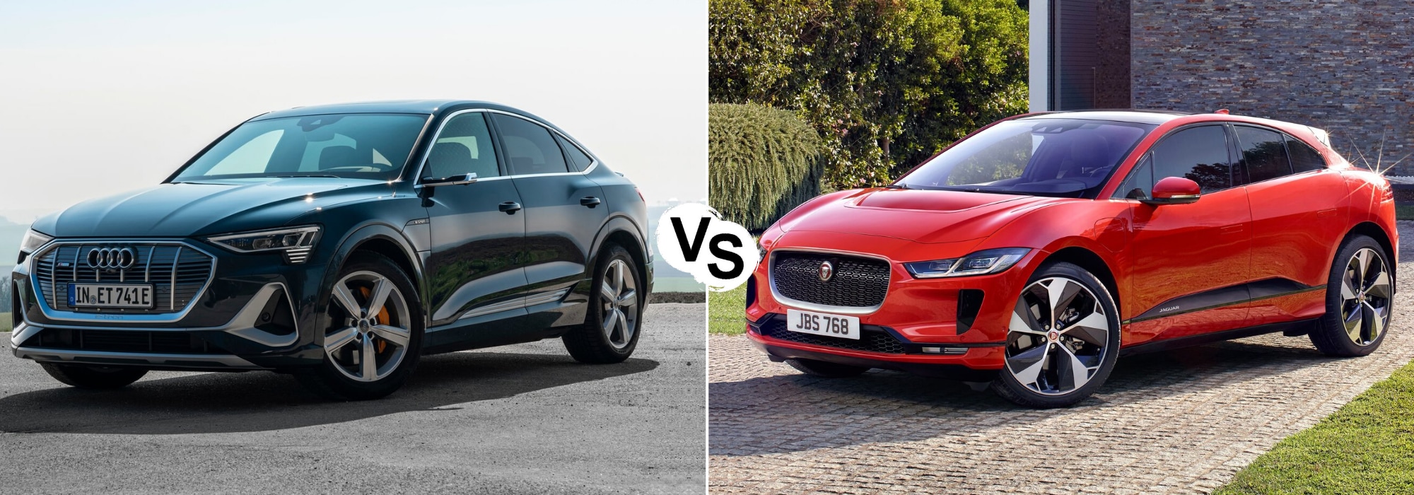 2020 Audi e-tron Sportback vs. Jaguar I-PACE Comparison.png 2020 Audi e-tron Sportback Edition One Package in Plasma Blue color compared to the 2020 Jaguar I-PACE in Photo Red color
