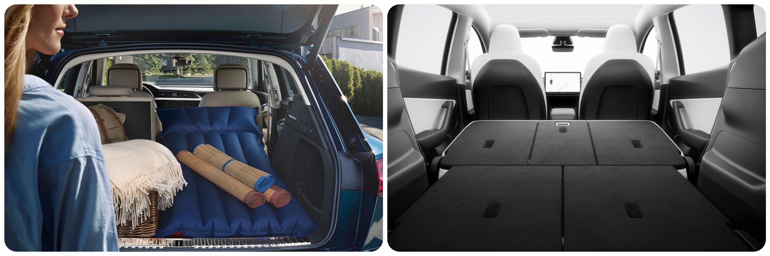 Audi-e-tron-vs-tesla-y-Cargo.jpg On the left a view of a woman standing at the back of her 2022 Audi e-tron with the hatch open and holding an air mattress and other camping items with the seat folded down. On the right a view of the interior of the 2022 Tesla Model Y is shown through the open back hatch with the rear seats folded down and nothing inside