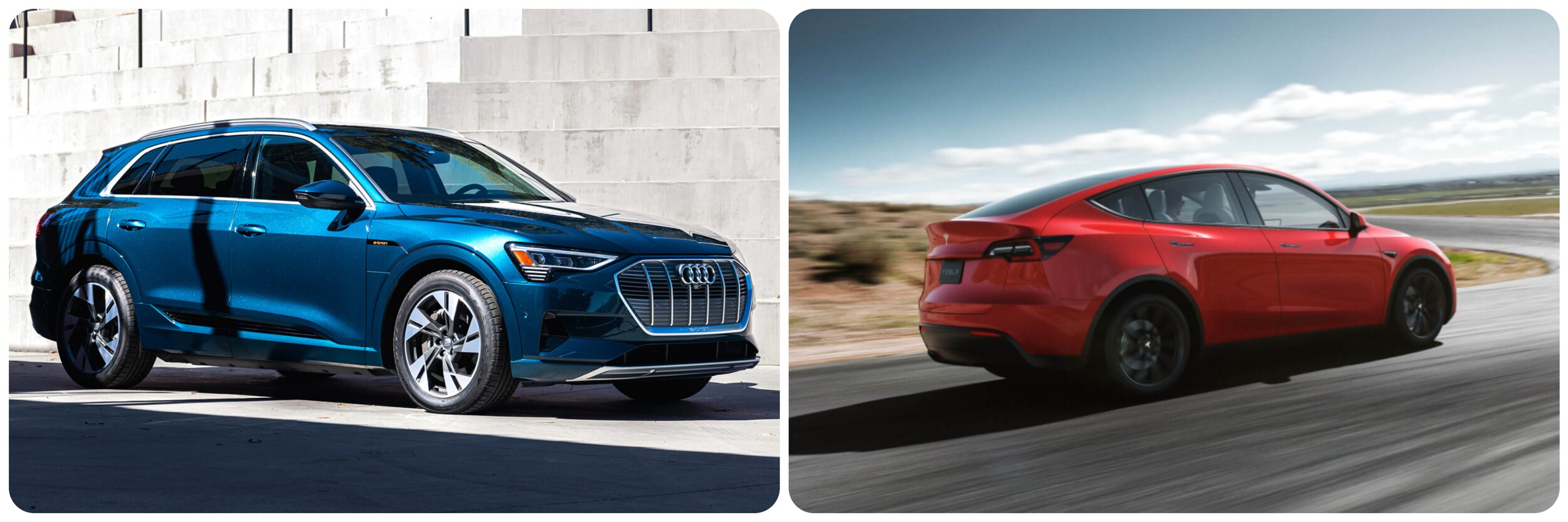 Audi-e-tron-vs-tesla-y-profile.jpg On the left an ocean blue metallic 2022 Audi e-tron sits in profile view as it sparkles in the sun while parked in front of large concrete steps. On the right, a 2022 bright red Tesla Model Y speeds past sporting black rims and heading towards a curve on a desert highway during the day