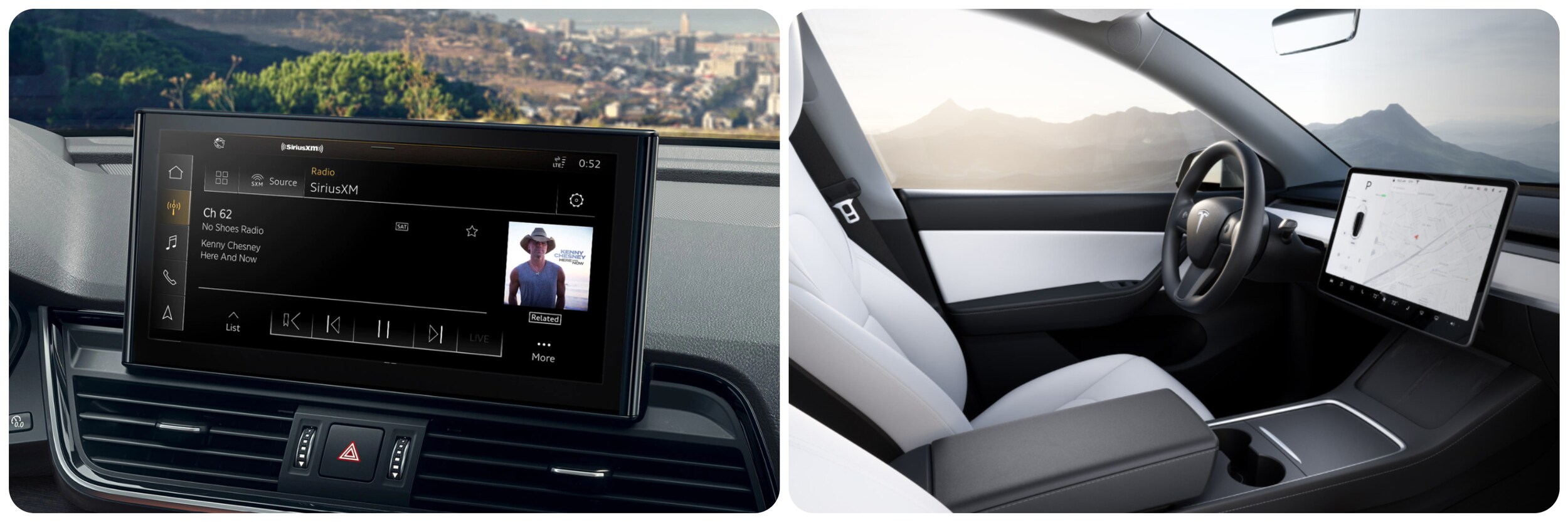 Audi-e-tron-vs-tesla-y-dash.jpg On the left is a close-up shot of the dash infotainment touch screen system and air vents on a black interior of a 2022 Audi e-tron. On the right is the sparse, clean interior with a simple large touchscreen infotainment system mounted to the center of a black dash in a 2022 Tesla Model Y