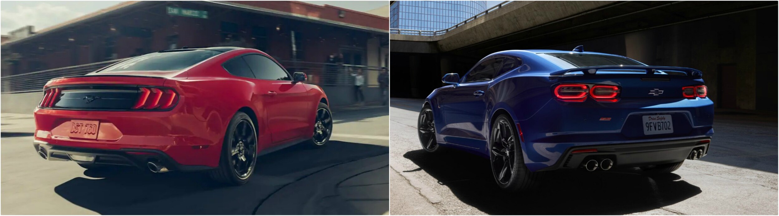 2019-ford-mustang-vs-2019-chevy-camaro-exterior.jpg back views of a Ford Mustang compared to a Chevy Camaro