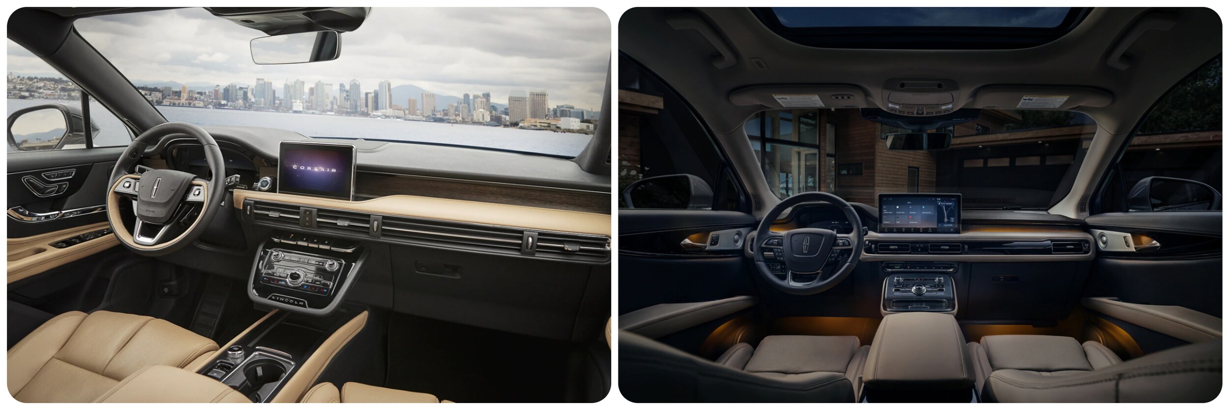 2022-Lincoln-Corsair-Vs-Nautilus-4.jpg On the left is an interior view of the 2022 Lincoln Corsair's dash with a touch screen infotainment center screen surrounded by other dialed controls in a black dash with tan leather and woodgrain accents.  On the right is an interior view of the dash of a 2022 Lincoln Nautilus with a simlar layout to the Corsair, with a touch screen infotainment center in the middle and a black dash with accents of light tan and orange accent lighting.