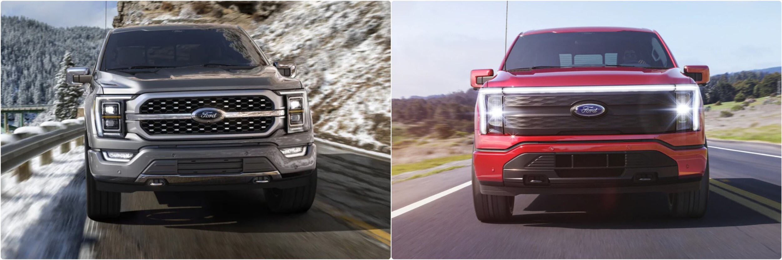 2022-ford-f150-vs-2022-ford-f150-electric-lightening-02.jpg Front view of a new Ford F-150 vs. Ford F-150 Electric Lightening