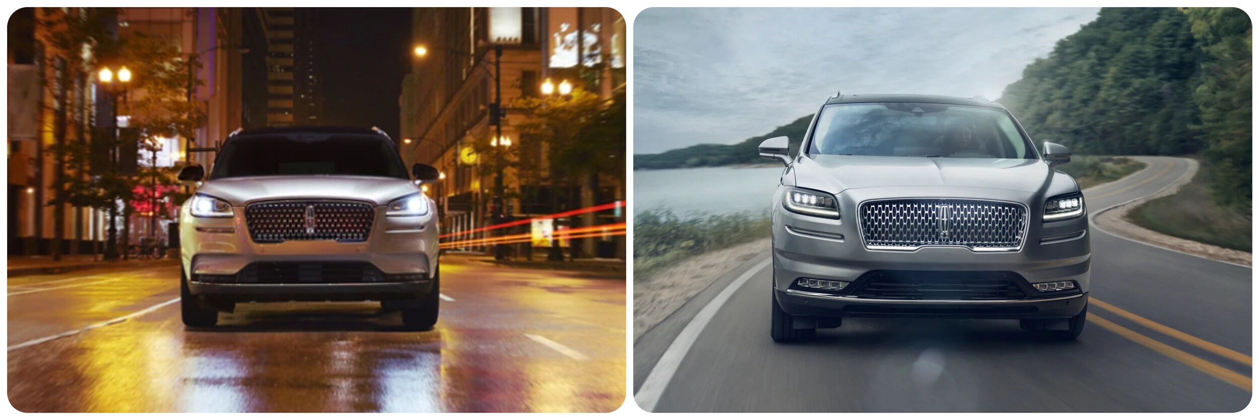 2022-Lincoln-Corsair-Vs-Nautilus-3.jpg On the left is a photo of the front view of a silver 2022 Lincoln Corsair as it speeds down a city street with streaks of light trailing it at night.  On the right is a front view of a silver 2022 Lincoln Nautilus as it drives down a curving country road that is bordered by a forest on one side and a lake on the other