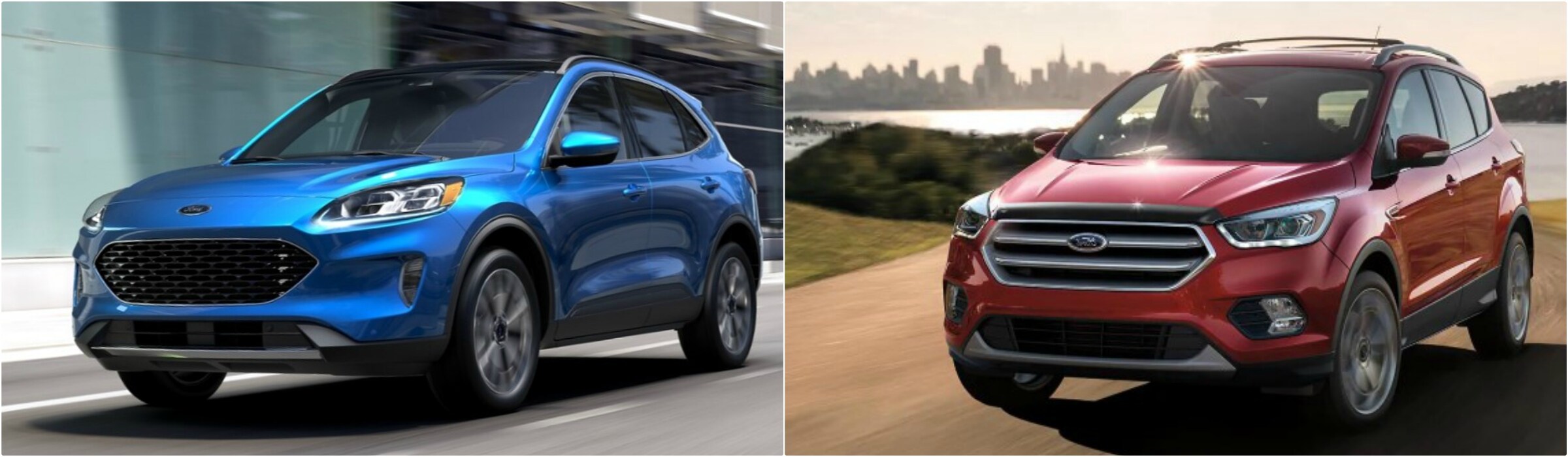 2020-ford-escape-vs-2019-ford-escape-exterior.jpg A bright royal blue 2020 Ford Escape compared to a red 2019 Model