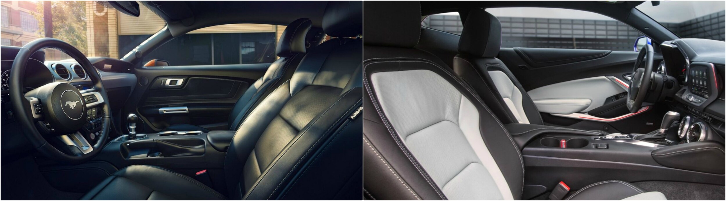 2019-ford-mustang-vs-2019-chevy-camaro-interior.jpg Interior seating color comparison of a Mustang and a Camaro