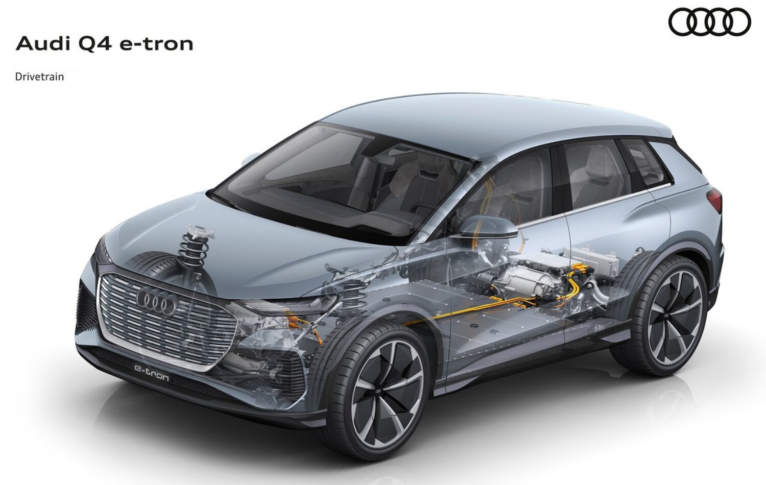 New 2021 Audi Q4 e-tron Electric Drivetrain.png See-through x-ray illustration of the new 2021 Audi Q4 e-tron SUV showing the electric MEB platform and drivetrain that powers the new Audi Q4 e-tron