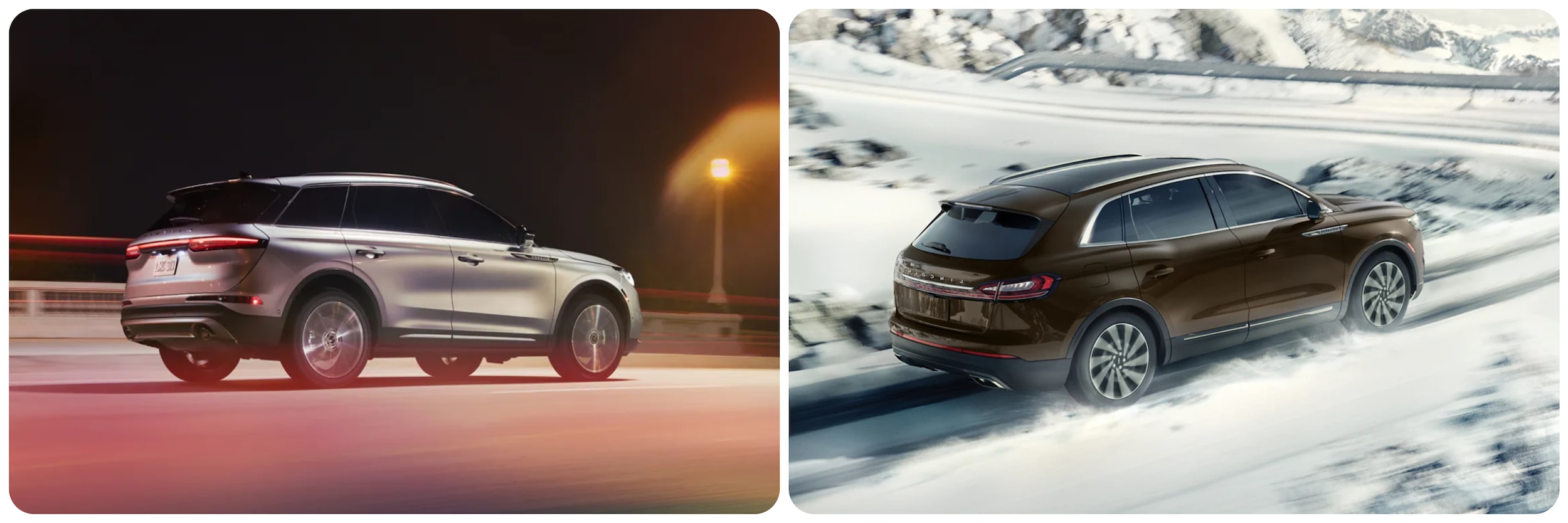 2022-Lincoln-Corsair-Vs-Nautilus-2.jpg On the left is a silver 2022 Lincoln Corsair in an angled profile view that also shows the hatch and rear lights as it speeds down a city street at night, passing a street light.  On the right is a metallic bronze 2022 Lincoln Nautilus in an angled profile view also showing the back of the car as it speeds down a snow-covered highway in the mountains during the day