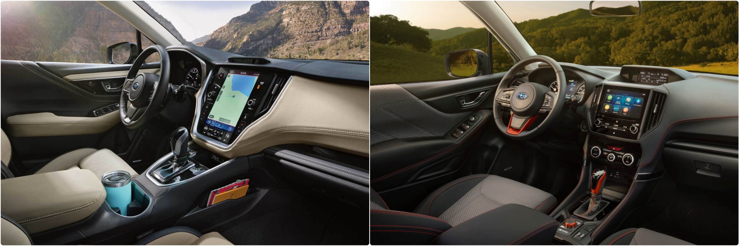 2022-subaru-outback-vs-forester-01.jpg interior dashboards comparisons of 2022 Subaru Outback vs. 2022 Subaru Forester side by side