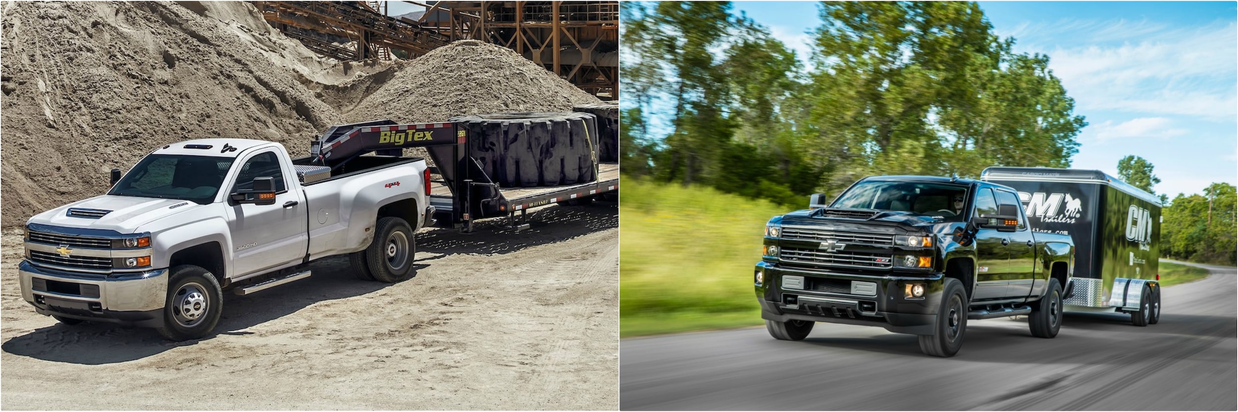 2018-chevy-silverado-vs-2017-chevy-silverado-towing-capacity.jpg a white 2018 Chevy Silverado towing giant tires next to a dark 2017 Chevy Silverado towing a black tailor on a scenic, country street