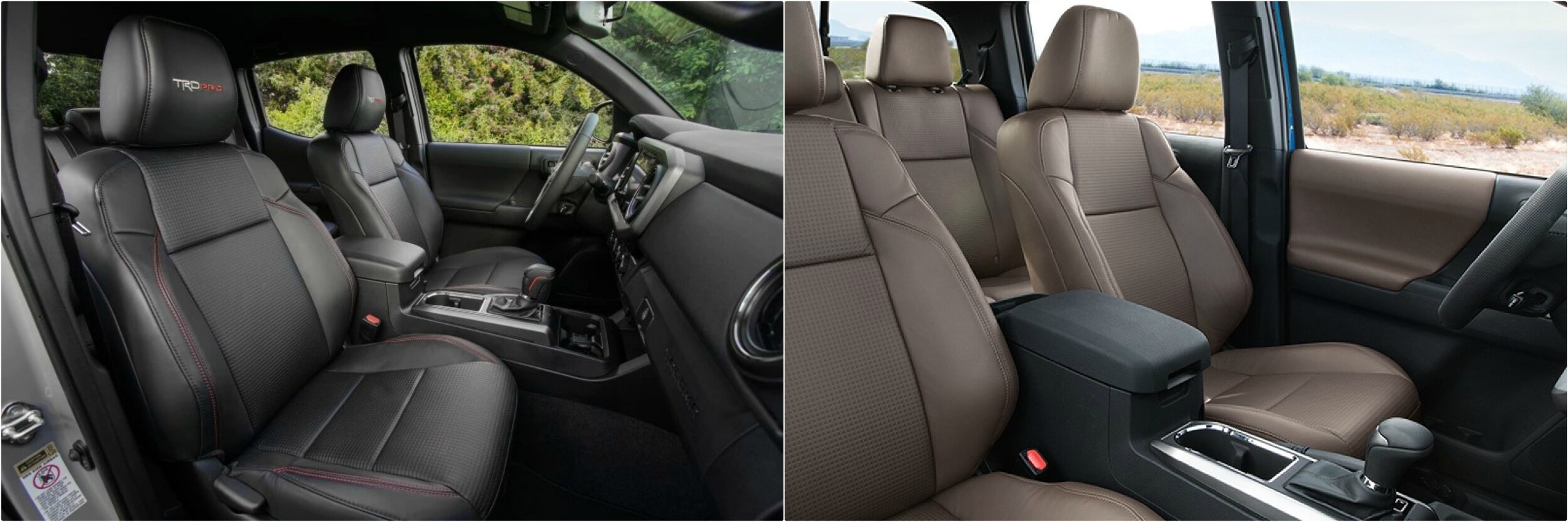 2018-toyota-tacoma-vs-2017-toyota-tacoma-interior-seating.jpg dark interior seating of a 2018 Toyota Tacoma next to the light interior of a 2017 Tacoma