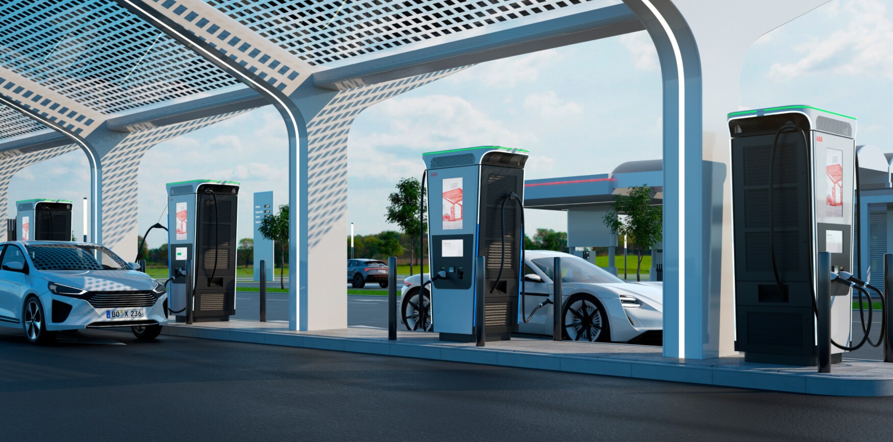 ABB Image.png A computer rendering of an EV station with multiple chargers housed similarly to a gas station, but clad in all white with an overhang of grid-printed glass overhanging the charging stations and two white cars charging at different stations