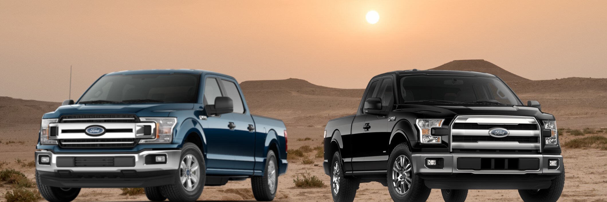 2018-ford-f150-vs-2017-ford-f-150-phil-long-used-f150-dealership.jpg A 2018 Ford F-150 parked next to a 2017 Ford F-150 in the desert