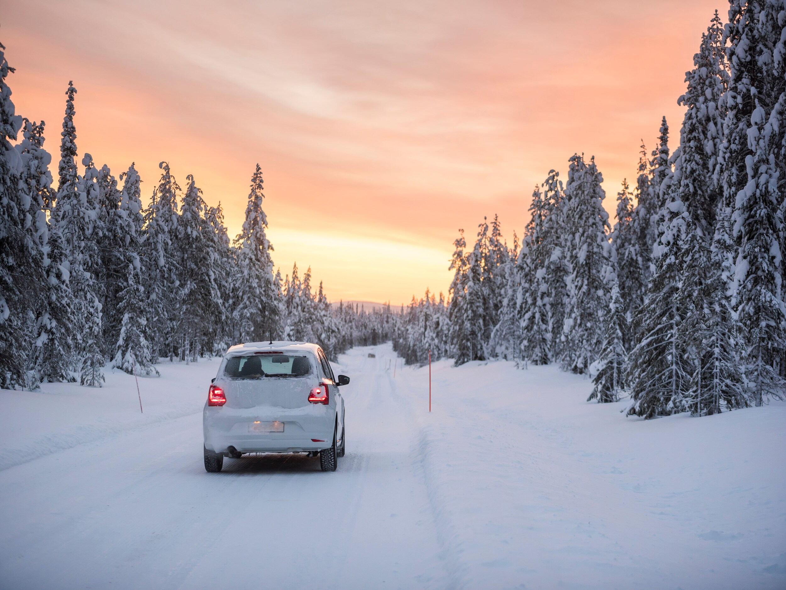 FWD%20Cars%20White%20Car.jpg White car driving down a straight snowy road in the forest.